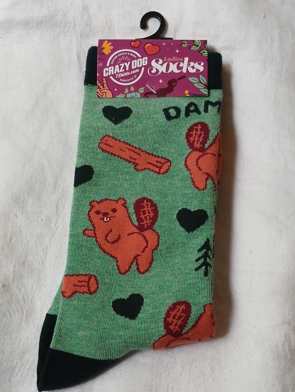 Crazy Dog T Shirts “Dam Girl” Beaver Socks Green Ladies Size 9-11